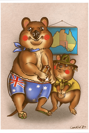 Quokkas Tezza and Irwin share some lunch.  Commissioned by a regular client during the shop’s corona closure 