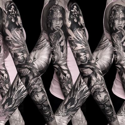 Sleeve I did a while🙂 -sponsor @kingfocustattoo -with @dynamiccolor - #girlswithtattoos #blackandgreytattoo #blacktattoos #sleevetattoo #tattoooftheday #repost