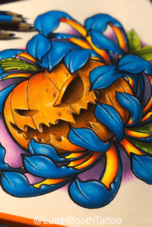 Halloween Pumpkin ⚠️please don’t copy ⚠️——— #halloween #pumpkin #skull #crisantemo #handdraw #autoral #lapisdecor #coloredpencil #LuizHBoothTattoo #LuizHBooth 