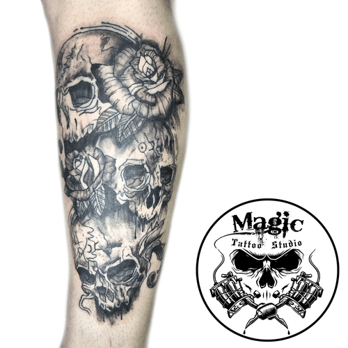 Skull Tattoo, Black And Gray, Leg Cover
