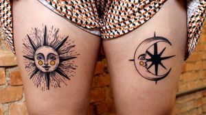 SUN AND MOON. Blackwork with a little bit of yellow. For Iolanda. Thank you!