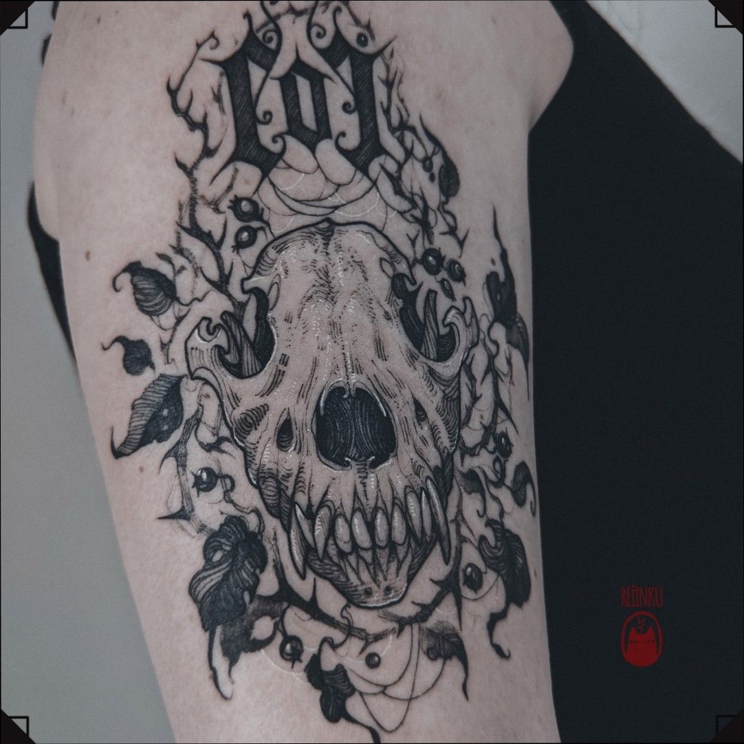DogWolf Skull  Black and Gray Tattoo with Stippling by ponydroid  Fur  Affinity dot net