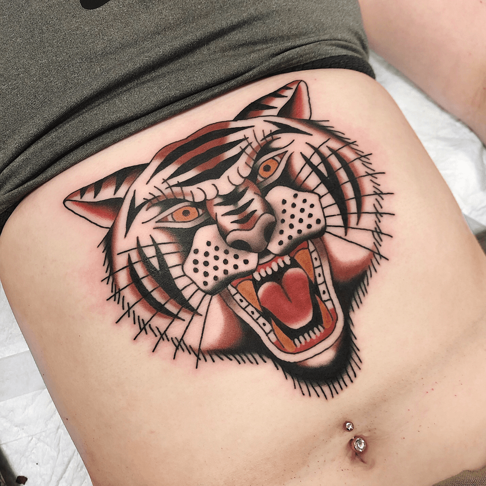 Tiger tattoo by Dan Cooper #DanCooper #tiger #traditional #stomach #animal