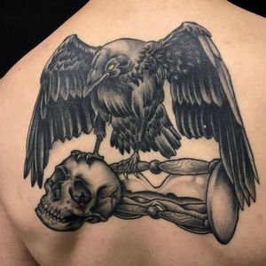 Raven, skull, hourglass by Frankie DenySymbolic for my brain hemorrhage at birth and being at the edge of death