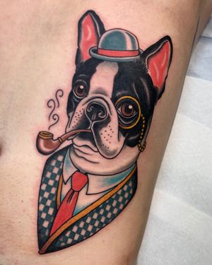 Tattoo by Dennis Duran #DennisDuran #traditional #color #frenchbulldog #bulldog #petportrait #dog #pipe #monocle #bowlerhat #dapper
