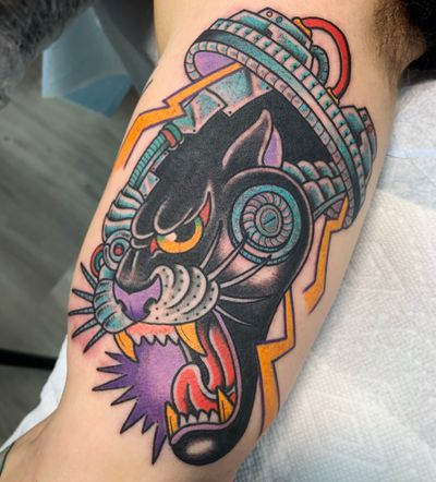 Tattoo by Dennis Duran #DennisDuran #traditional #color #biomechanical #panther #mashup #robot #scifi 