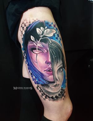 Capture the beauty of surrealism with a stunning tattoo by Marek Unfamous Haras. Featuring a flower, woman, and necklace motif on your upper leg.