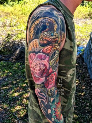 Horned Viper with Roses tattoo sleeve project.