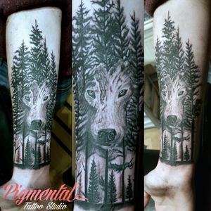 Wolf in the Trees TattooWould like to add more detail to this one!#Wolf #WolfTattoo #Treeline #Tree #Trees #TreeTattoo #WolfInTheTrees