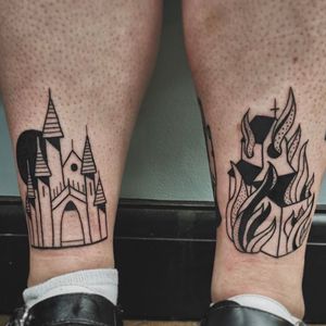 Experience the juxtaposition of flames engulfing a church in this stunning blackwork and fine line new school tattoo by Jonathan Glick.