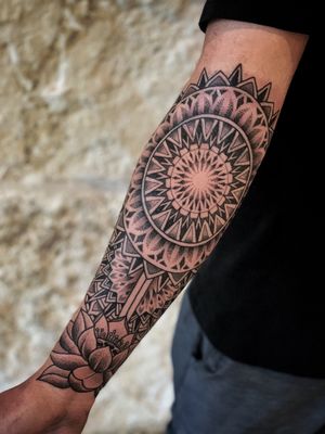 sacred geometry tattoo by skvllhound #skvllhound #sacredgeometry #mandala #lotus #geometric #linework #dotwork 