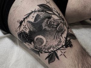 Cat tattoo by Tien aka skvllhound #Tien #skvllhound #cat #darkart #cat #moon #batwing #floral #plant #sparkle #blackwork #dotwork #illustrative