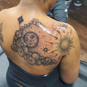 Awesome add on for a client that I tattooed the sun on 6 years ago...then added the moon and clouds...fresh and done...love working in this style