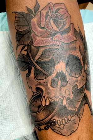 Skull, Rose, pocket watch tattoo