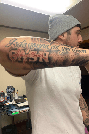Another one of my favorite songs by Cash. Also decided to add a filler piece and have his autograph in red to stand out once my sleeve is complete 