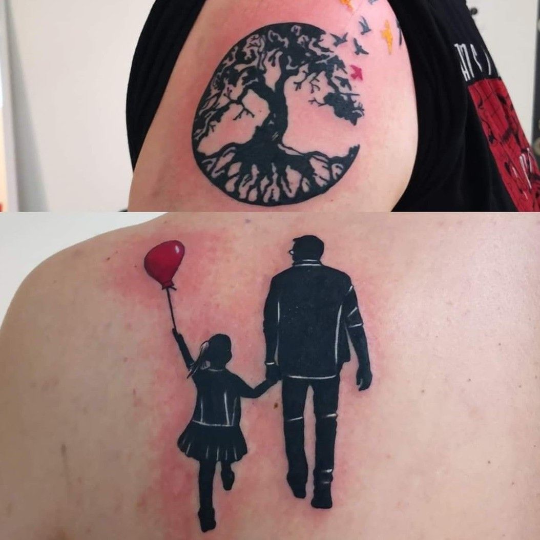Sioux Falls Tattoos Father Daughter Silhouette Tattoo On The Forearm With  Clouds And The Moon In Black And Gray  Starry Eyed Tattoos and Body Art  Studio