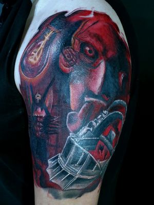 Saw piece as part of a sleeve, and a personal style twist. More red and black only designs coming soon !🖤🔥#saw #horror #jigsaw #billy #blackandred # realism #colortattoo #black #healed