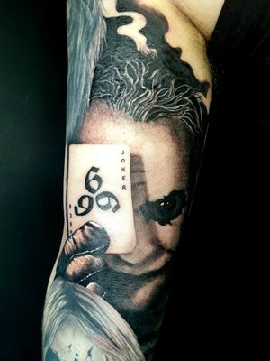 Evil Joker tattoo part of a ongoing sleeve !#evil #joker #jokertattoo #playcardstattoo #666 