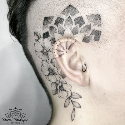 Tattoo by Marta Madrigal #MartaMadrigal #fineline #dotwork #illustrative #floral #flower #nature #mandala #eartattoo #sacredgeometry