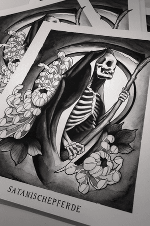 Reaper print by @satanischepferde ,order at satanischepferde.bigcartel.com  #reaper #reapertattoo #dark #occult #skull #skeleton #chrysanthemum 