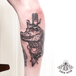 Sobek Greek Mythology Blackwork Tattoo by Kirstie @ KTREW Tattoo • Birmingham, UK 🇬🇧 #sobek #greekmythology #blackworktattoo #birminghamuk #crocodile #greekgod