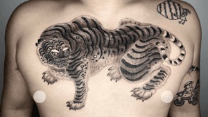 Korea traditional tiger drawing tattoo on a chest