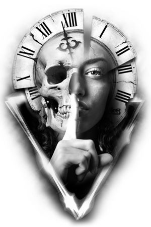 Skull Woman and Clock Artwork