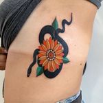 Snake and flower tattoo by Andrew Hulbert #AndrewHulbert #flower #snake #color 