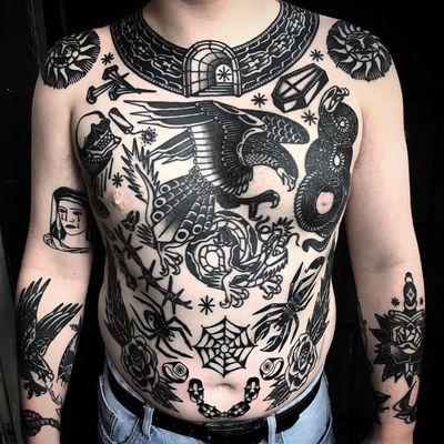 Tattoos by Paul Hill #PaulHill #blackwork #traditional #eagle #chesttattoo #spiderweb #snake #collar #spider #flower #chain