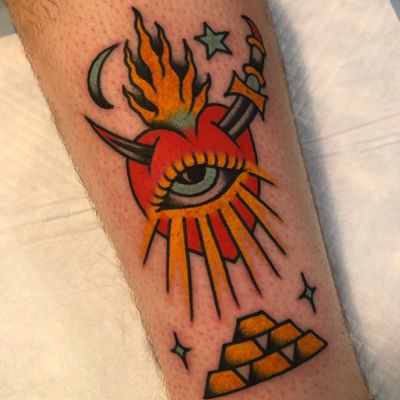 surreal heart tattoo by Nathan Draper #NathanDraper #heart #sword #pyramid #bricks #star #fire #eye #traditional