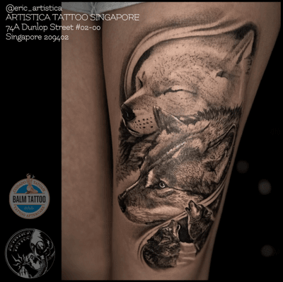 Black and grey wolf theme on thigh as requested by my Russian client. ARTISTICA TATTOO SINGAPORE 74A Dunlop Street #02-00 Singapore 209402 ☎️ +65 82222604 #tattoo #tattooed #tattoolover #ilovetattoo #sgtattoo #singaporetattoo #blackandgrey #blackandgreytattoo #wolf #animal #thightattoo #bodyart #nopainnogain #ericartistica #ericlohtattoos #artistica #artisticatattoo #artisticasingapore #balmtattoo #balmtattoosg #balmtattoosingapore #balmtattooartist #balmtattooteamsg #dragonbloodbutter #nedzrotary #criticaltattoosupply #quantumtattooink #sparkcartridges #quantumtattooink_sea #realistictattoo