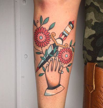 Dagger and flower tattoo by Lucas Iglesias #LucasIglesias #flower #hand #dagger #color #traditional #Illustrative