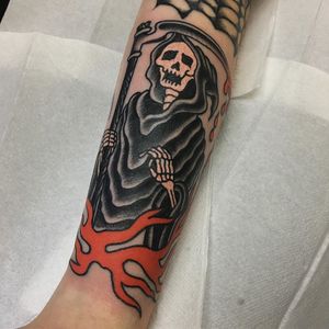 Reaper tattoo by Tattoo Raindog #TattooRaindog #JRaindog #reaper #skull #fire #scythe #Traditional