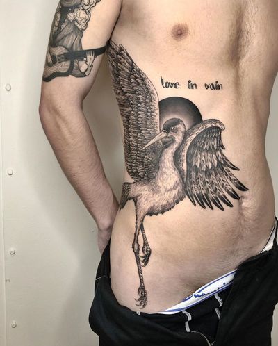 Crane tattoo by Jeppe Dahl #JeppeDahl #Japaneseinspired #crane #feathers #bird #sun #feathers #wings