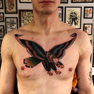 Eagle chest tattoo by Tato Toby #TatoToby #eagle #color #chest #feathers #wings #Traditional