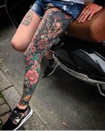 Leg sleeve by Mikkel Westrup #MikkelWestrup #legsleeve #peony #japanese #chiacano #lady #ladyhead #portrait #flowers #floral