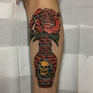 Vase, Skull and Rose tattoo by Tattoo Raindog #TattooRaindog #JRaindog #Traditional #color #surreal #bricks #vase #flower #rose #skeleton #skull