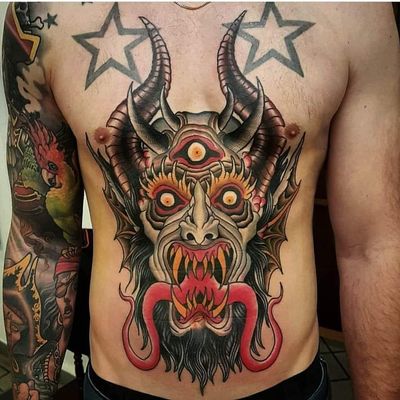 Demon tattoo by Lord Gator #LordGator #color #demon #devil #stomach #thirdeye #horns