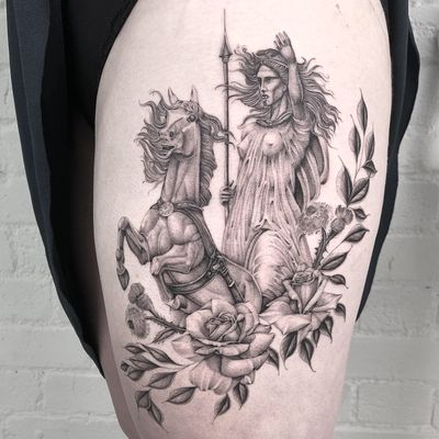 Illustrative tattoo by Annabelle Luyken #annabelleluyken #horse #illustrative #goddess #deity #warrior #rose 