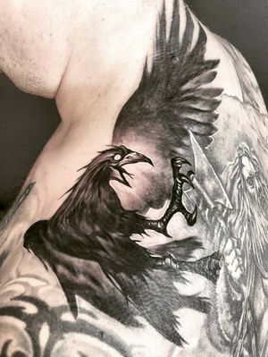 "The Crow" for faithful customer Oleg. To be continued.-Thx for the loyalty.◼#тату #ворон #trigram #tattoo #crow #raven #inkedsense 