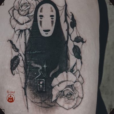 KAONASHI He's got a lantern to see the way clearer. ❦ 👹PLEASE DO NOT COPY - beware of the rage of Tengu👺 . ❦ Every design is unique and being tattooed only once. . ❦ #tattoo #tattoohamburg #tattooartist #tatouage #入れ墨 #tätowierer #tatuador #tattooart #illustrativetattoo #kaonashi #noface #kaonashitattoo #nofacetattoo #jpaneseculture #anime #manga #animetattoo #studioghiblitattoo #studioghibli #darktattoo #blackworkers #blackworktattoo #blackwork #roses #rosetattoo #scarscoverup #reiinku_tattoo