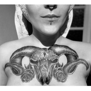 Chest tattoo#chest #skull #aries #blackandgrey 