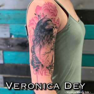 Romantic trash polka Raven tattoo by Veronica Dey