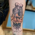 Neo Traditional Kissing Skeletons Sunflower Tattoo