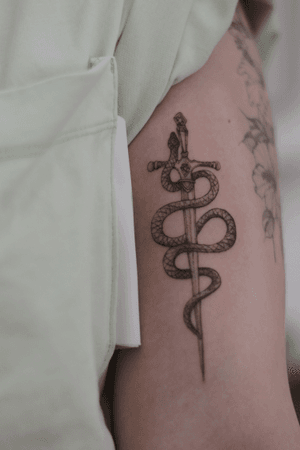 Snake and sword - fineline tattoo by @le.sinex