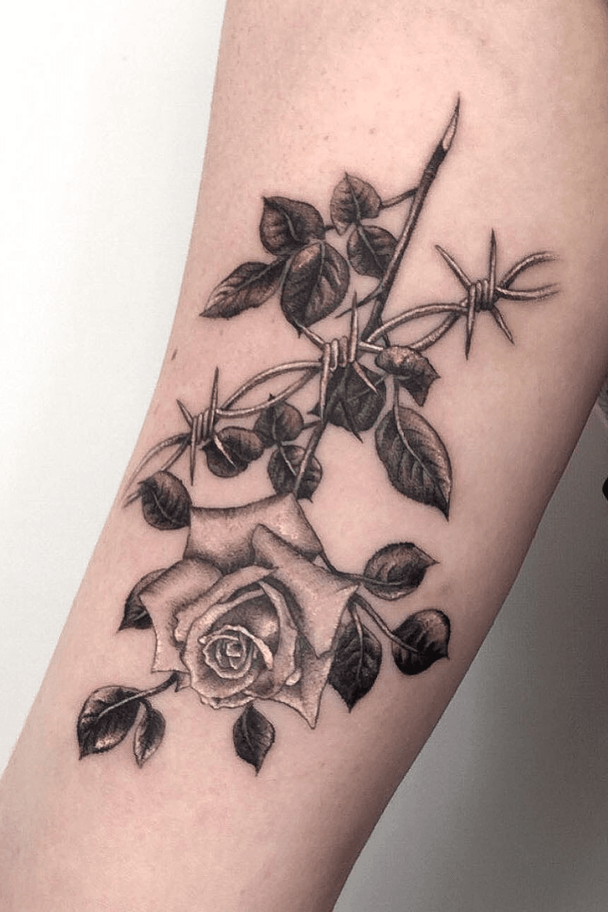 Barbed Wire Rose Flower Bud Tattoo On Arm