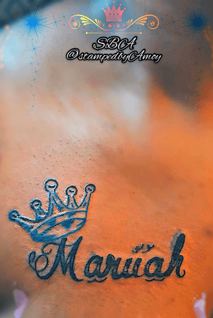 Name tattoo, baby girl tattoo, daughter tattoo, Mariiah, Mariah, crown tattoo, blue tattoo ink, purple tattoo ink, Amoy Amonte, StampedbyAmoy 