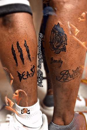Beauty and the beat tattoo, Rose tattoo, beast tattoo, beauty tattoo, scar tattoo, claw tattoo, leg tattoo, StampedbyAmoy, Amoy Amonte