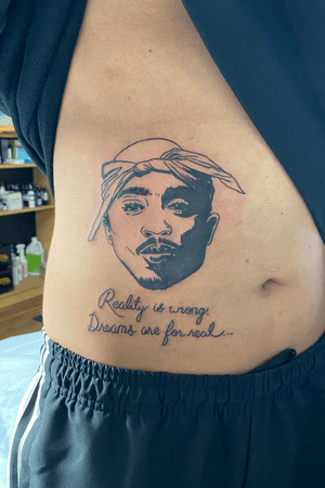 Tupac rendering w/quote on client...#ribtattoo #stomachtattoo #designer #creatives #bodyart #illustrative #graphic #style #byjncustoms