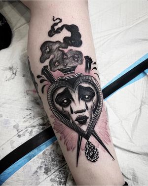 Sacred heart tattoo by Nate Silverii aka hungryhearttattoos #NateSilverii #hungryhearttattos #sacredheart #heart #face #tears #portrait #ladyhead #ornamental #gem #smoke